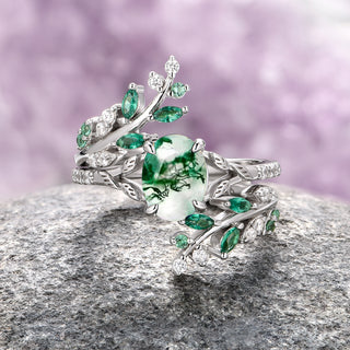 Green Moss Agate & Emerald Fairy Leaf Ring Set in Sterling Silver