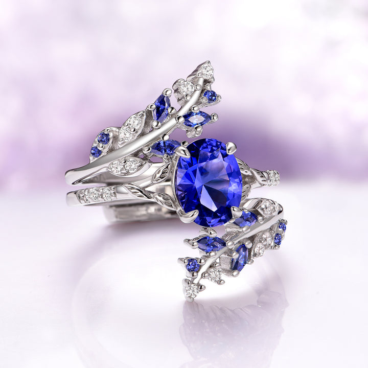 Cornflower Sapphire Fairy Leaf Ring Set- Sterling Silver