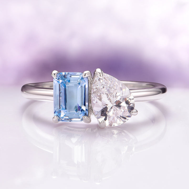 Toi Et Moi Aquamarine and Moissanite Ring- 14K White Gold