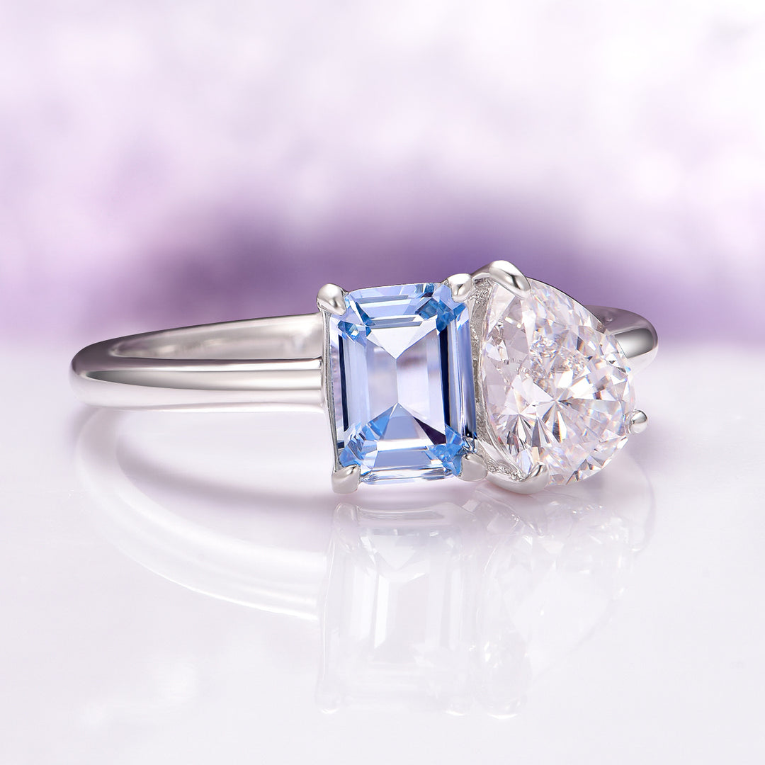 Toi Et Moi Aquamarine and Moissanite Ring- 14K White Gold