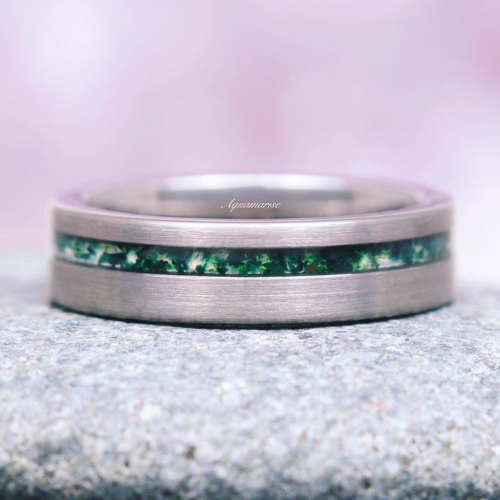 Green Moss Agate Wedding Band- 6MM Tungsten