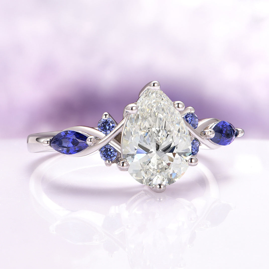 Feyra Moissanite and Blue Sapphire Engagement Ring Set in 14K White Gold