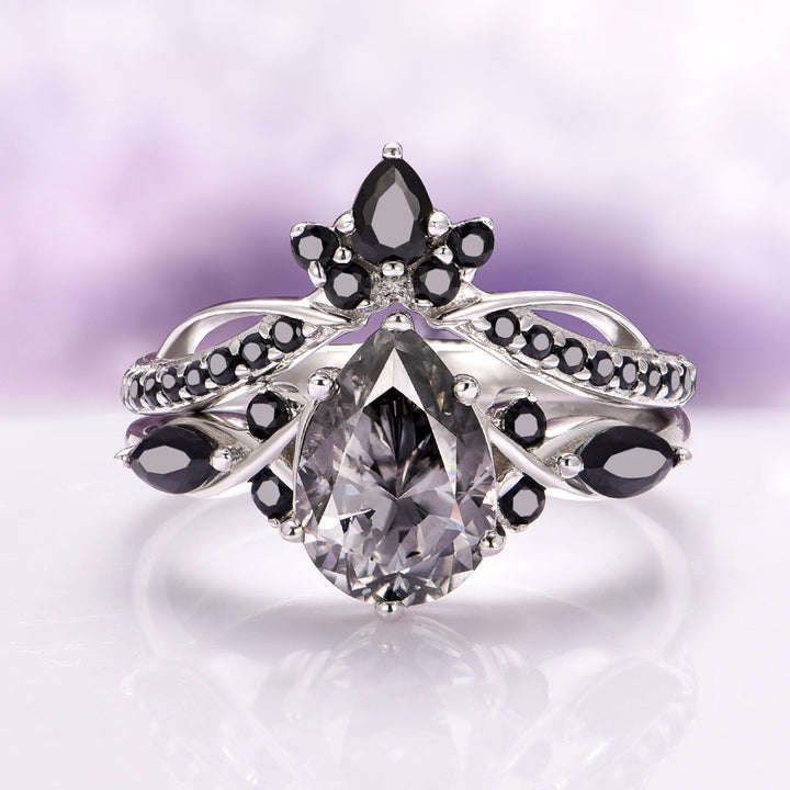 Feyra Black Onyx Tiara Wedding Band- 14K White Gold