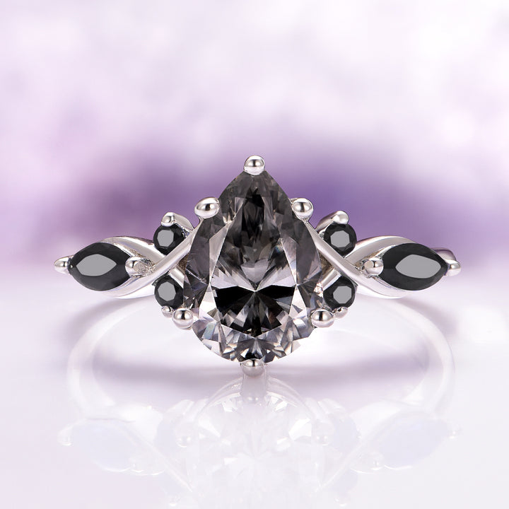 Feyra Gray Moissanite and Black Onyx Engagement Ring- 14K White Gold