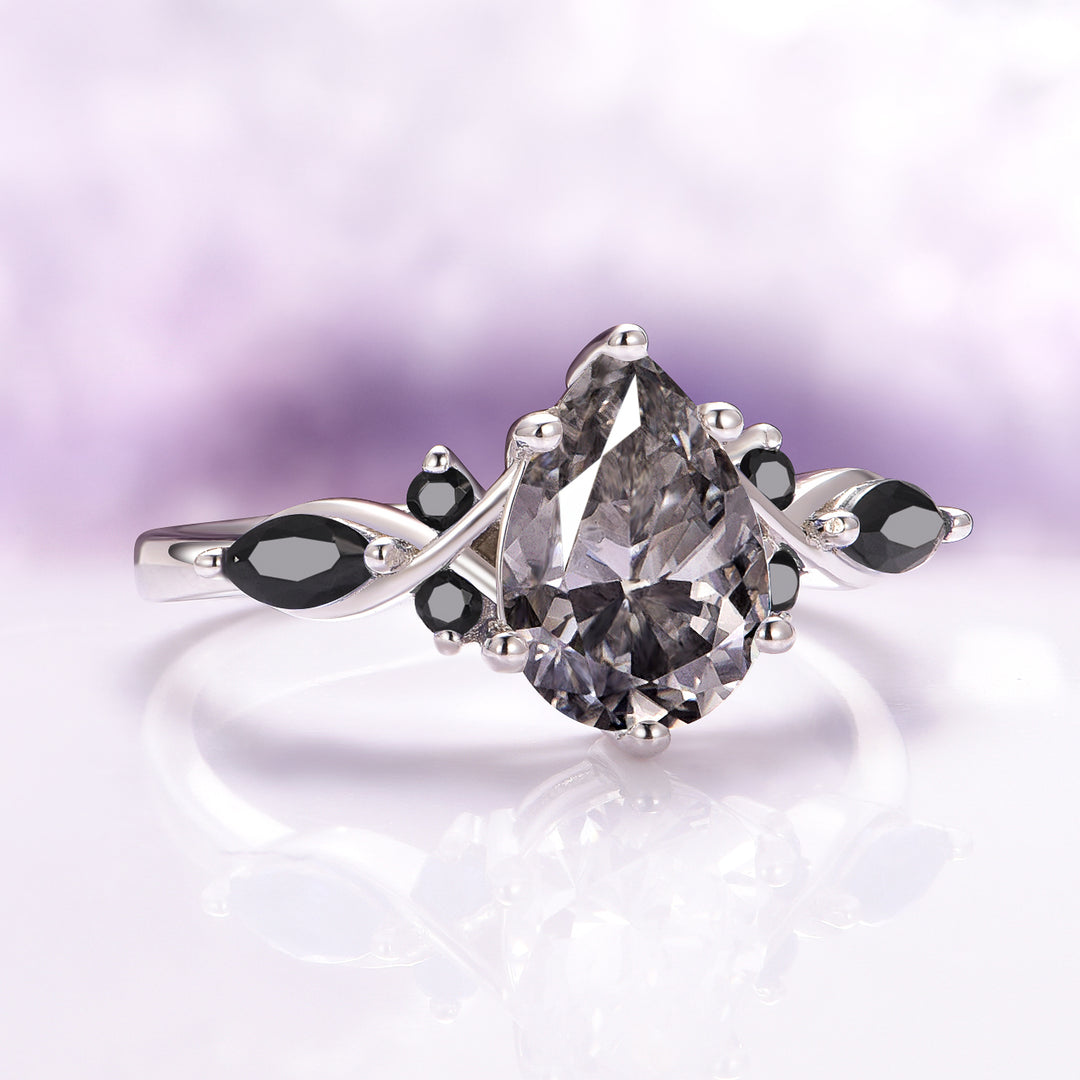 Feyra Gray Moissanite and Black Onyx Engagement Ring- 14K White Gold
