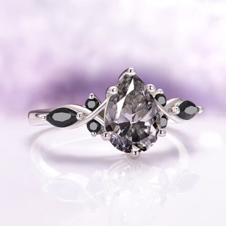 Feyra Gray Moissanite and Black Onyx Engagement Ring- 14K White Gold