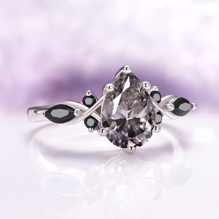 Feyra Gray Moissanite and Black Onyx Engagement Ring- 14K White Gold