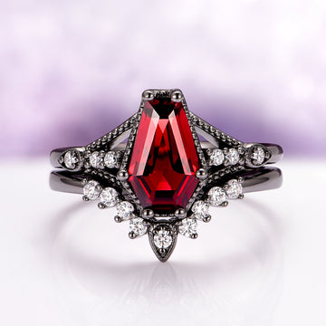 Lilith Coffin Cut Natural Red Garnet Couples Ring Set by Aquamarise featuring a bold coffin-shaped garnet with black finish and sparkling diamond accents, from matching couples' rings collection.