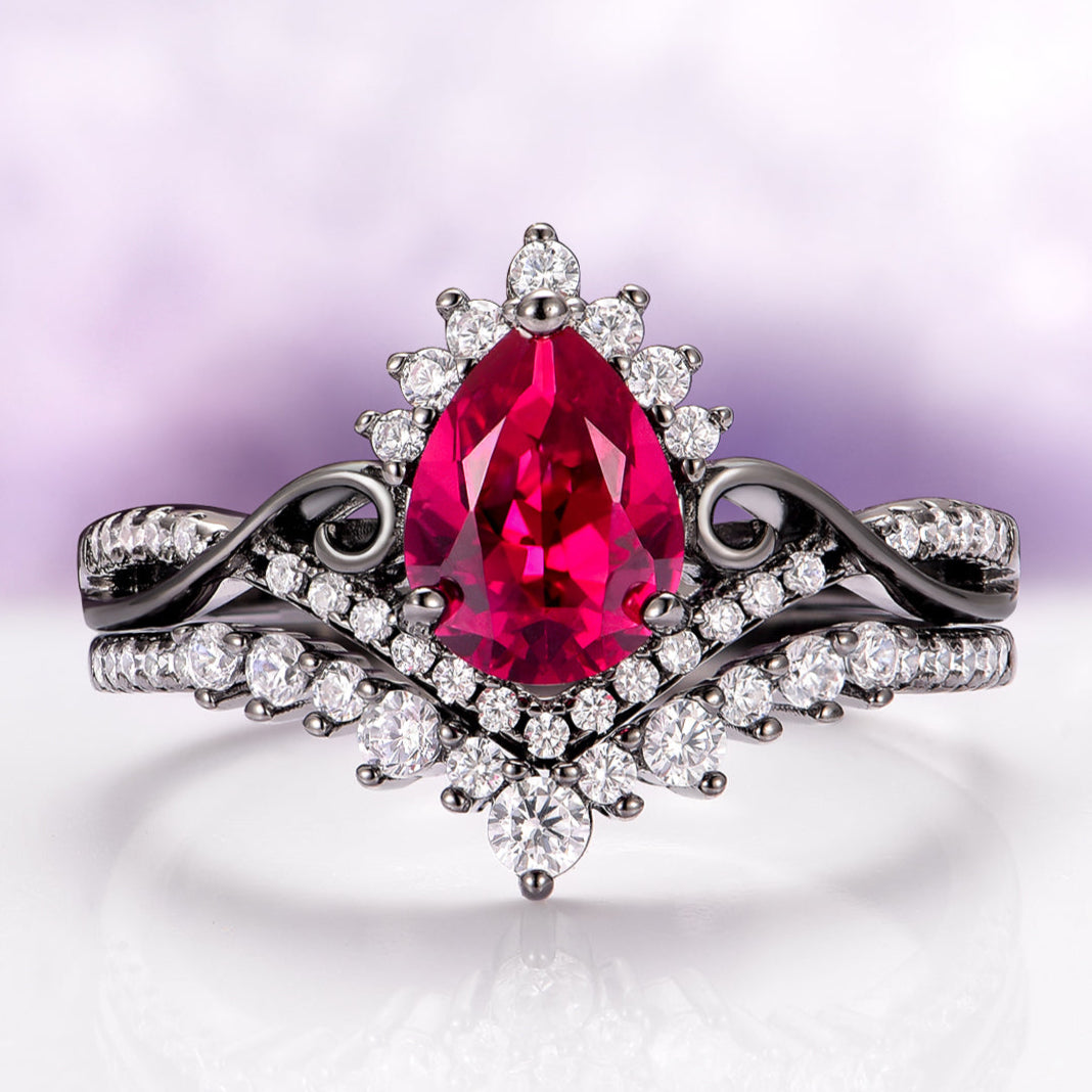 Elegant ring with a large red gemstone and diamond accents on a light purple background