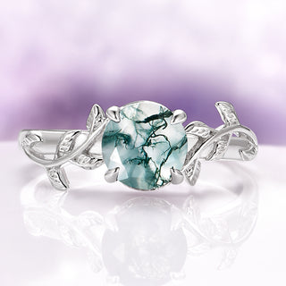 Natural Green Moss Agate Leaf Ring in Sterling Silver