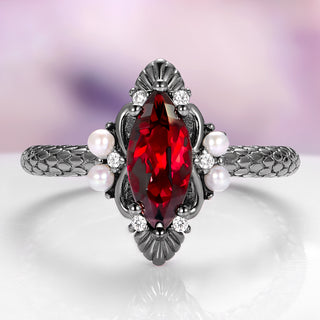 Arwen Marquise Cut Red Garnet & Pearl Ring in Black Ruthenium