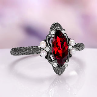 Arwen Marquise Cut Red Garnet & Pearl Ring in Black Ruthenium