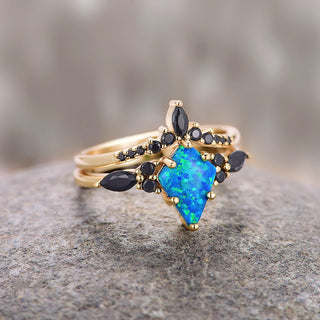 Skye Kite®  Blue Fire Opal & Black Onyx Ring Set- 14K Yellow Gold Vermeil