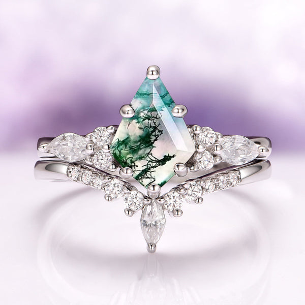 Skye Kite® Green Moss Agate Engagement Ring Set in 14K White Gold by Aquamarise Gold featuring a kite-cut moss agate with sparkling diamond accents on a delicate white gold band.