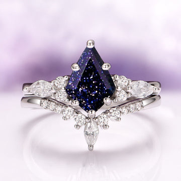Skye Kite® Starry Night Engagement Ring Set in 14K White Gold by Aquamarise Gold, featuring a deep blue kite-cut stone with sparkling diamond accents from the Starry Night™ Rings collection.