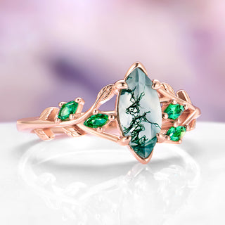 Rowan Marquise Moss Agate Leaf Engagement Ring in Solid 14K Rose Gold