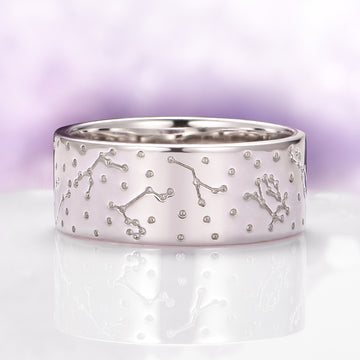 Moissanite & Crescent Moon Constellation Couples Ring Set by Aquamarise featuring sterling silver band with engraved constellation patterns, from Matching Couples' Rings and Best Selling Jewelry collections.