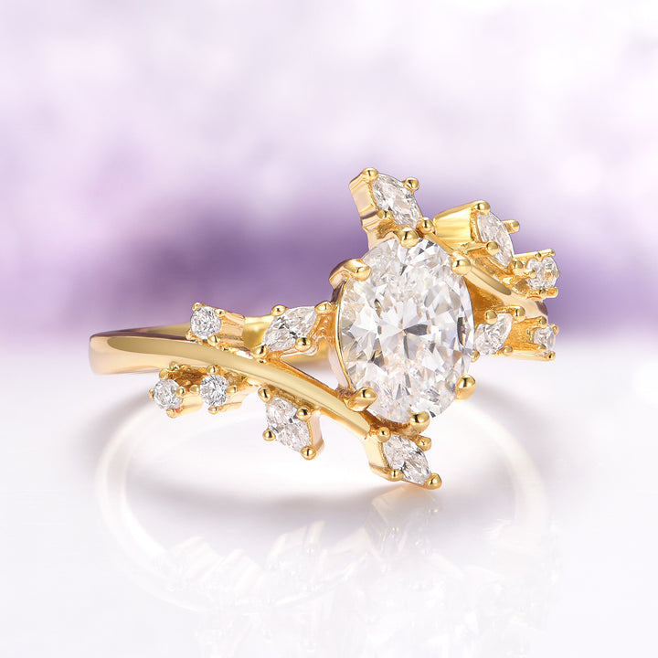 Simulated Diamond Leaf Engagement Ring in 14K Yellow Gold Vermeil