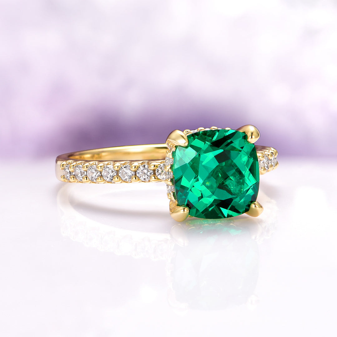 Cushion Cut Emerald Engagement Ring in 14K Yellow Gold Vermeil