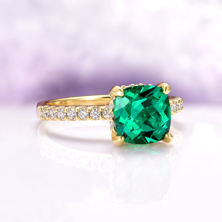 Cushion Cut Emerald Engagement Ring in 14K Yellow Gold Vermeil