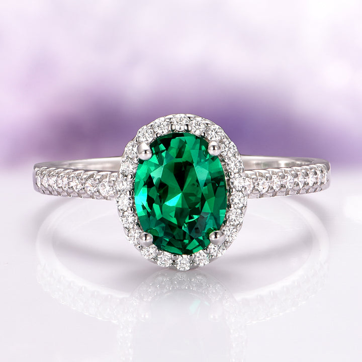 Iris Halo Oval Emerald Ring in Sterling Silver