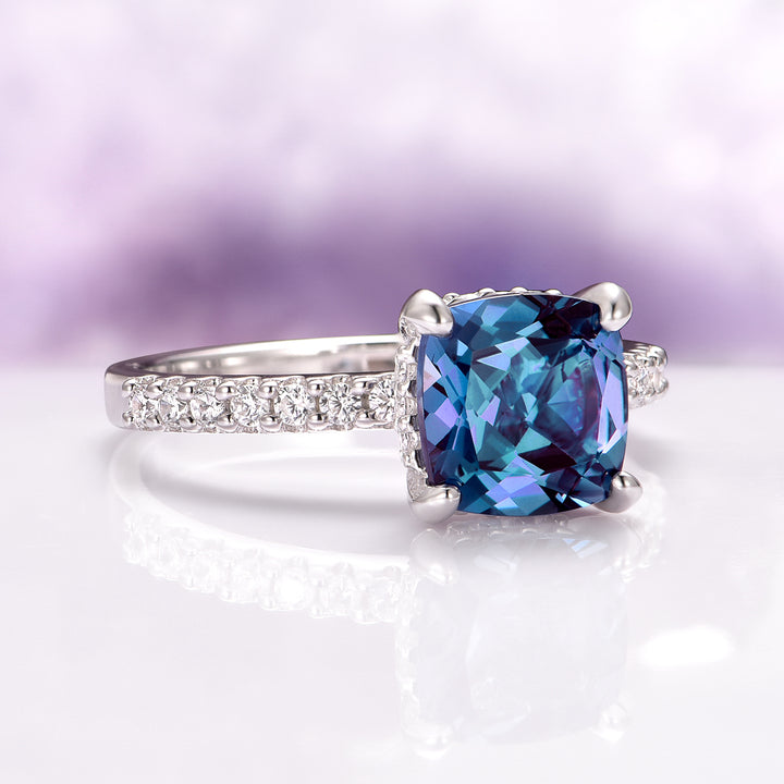 Cushion Cut Alexandrite Engagement Ring in Sterling Silver