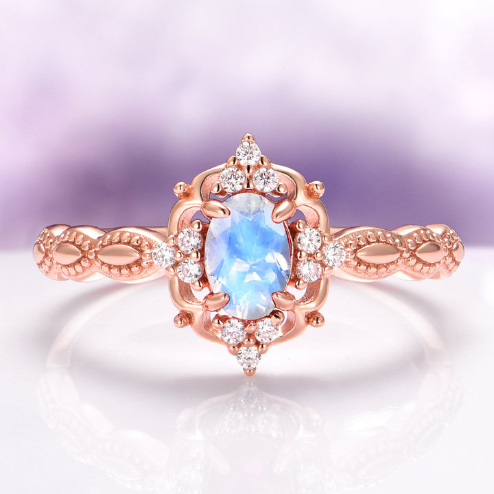 Claire Vintage Natural Moonstone Engagement Ring in 14K Solid Rose Gold