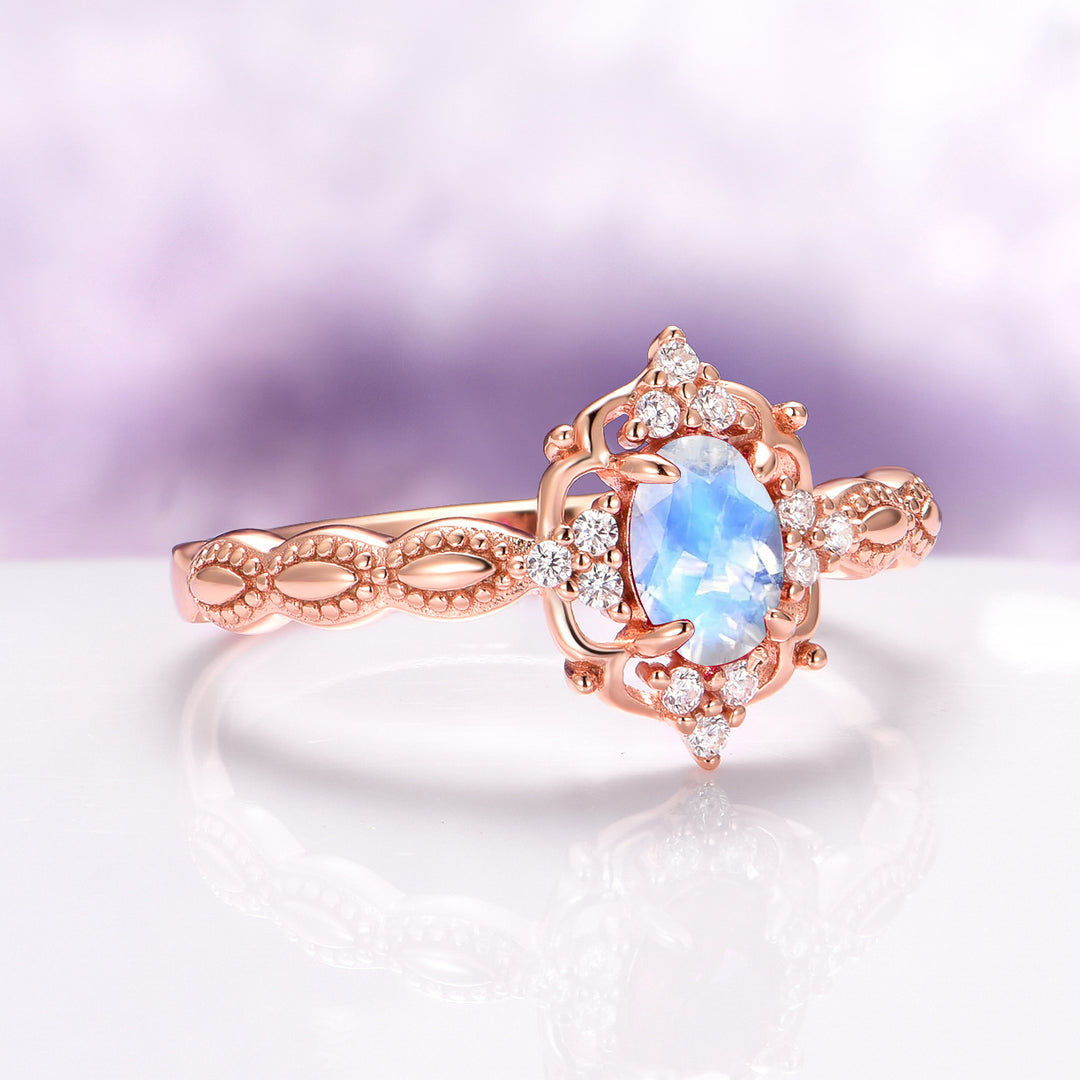 Claire Vintage Natural Moonstone Engagement Ring in 14K Solid Rose Gold