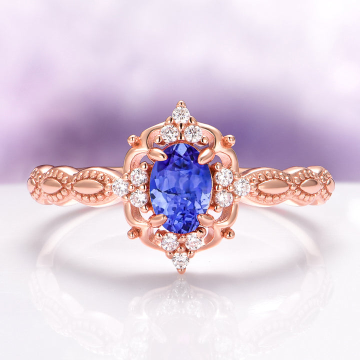 Claire Vintage Natural Tanzanite Engagement Ring in 14K Solid Rose Gold