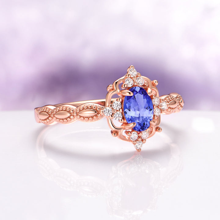 Claire Vintage Natural Tanzanite Engagement Ring in 14K Solid Rose Gold