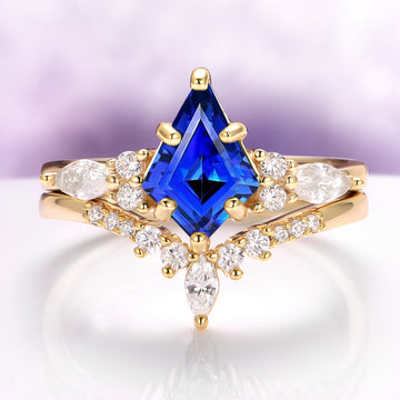 Skye Kite® Blue Sapphire Ring Set in 14K Solid Yellow Gold featuring a striking kite-cut blue sapphire centerpiece with diamond accents by Aquamarise Gold, from the Skye Kite® Jewelry Collection.