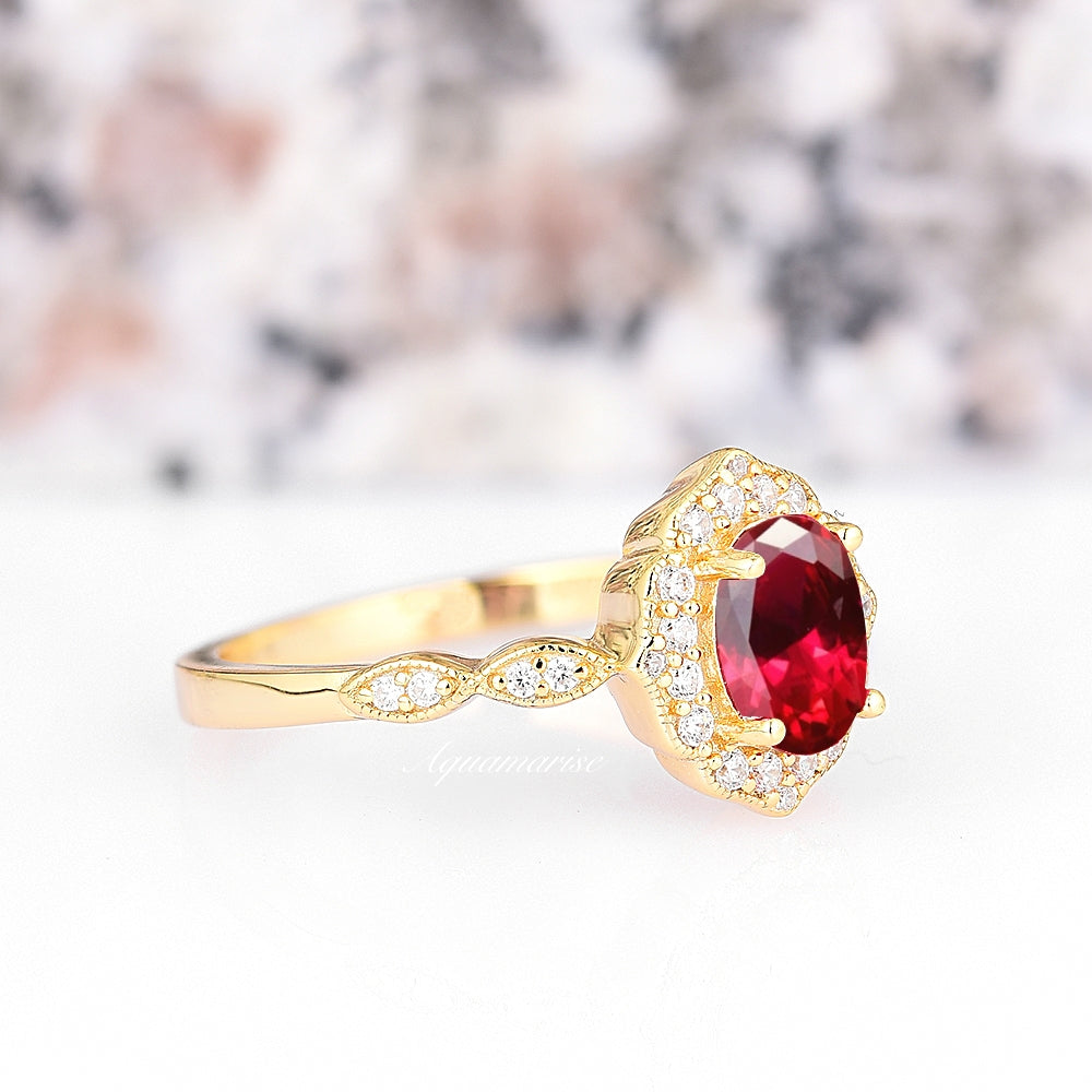 Cordelia Vintage Ruby Engagement Ring- 14K Solid Yellow Gold