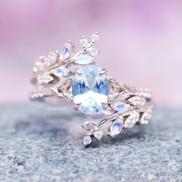 Aquamarine & Moonstone Fairy Leaf Ring Set- Sterling Silver featuring an ice-blue aquamarine center stone with delicate moonstone accents in a nature-inspired sterling silver design by Aquamarise.