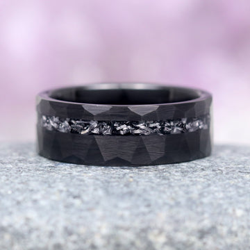 Galaxy Meteorite Hammered Wedding Band- 8MM Black Tungsten by Aquamarise, featuring a rugged hammered black tungsten band with a textured meteorite inlay, part of the Men's Wedding Bands, Tungsten Carbide Men's Wedding Bands, and Meteorite Men’s Wedding Bands collections.