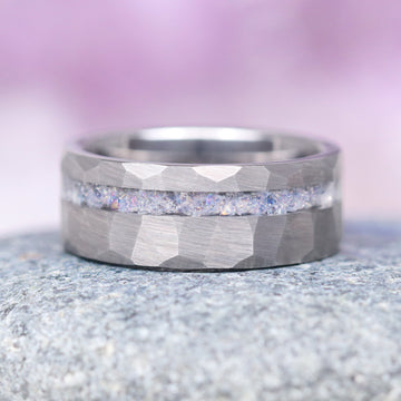 Maeve Moonstone Couples Ring Set featuring a hammered matte silver band with a sparkling moonstone inlay, crafted by Aquamarise, part of Matching Couples' Rings, June Birthstone Jewelry, and Best Selling Jewelry collections.