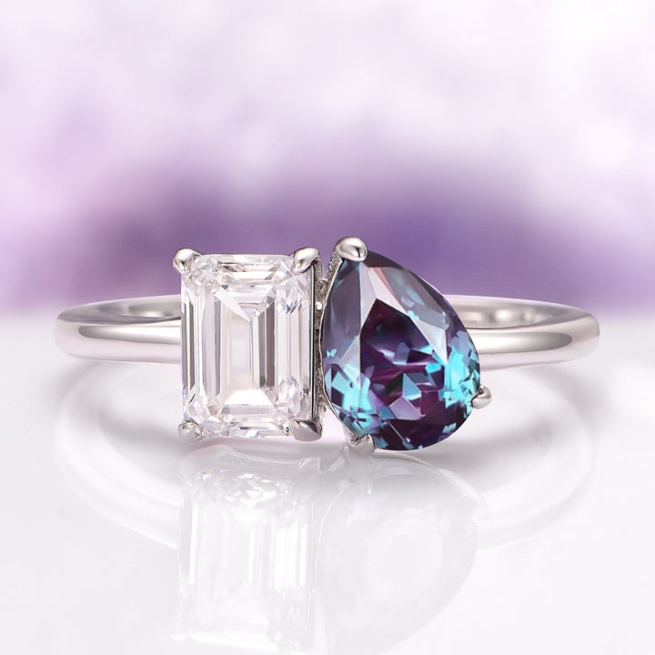 Toi Et Moi Alexandrite and Diamond Engagement Ring in 925 Sterling Silver
