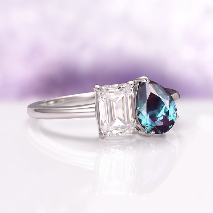 Toi Et Moi Alexandrite and Diamond Engagement Ring in 925 Sterling Silver