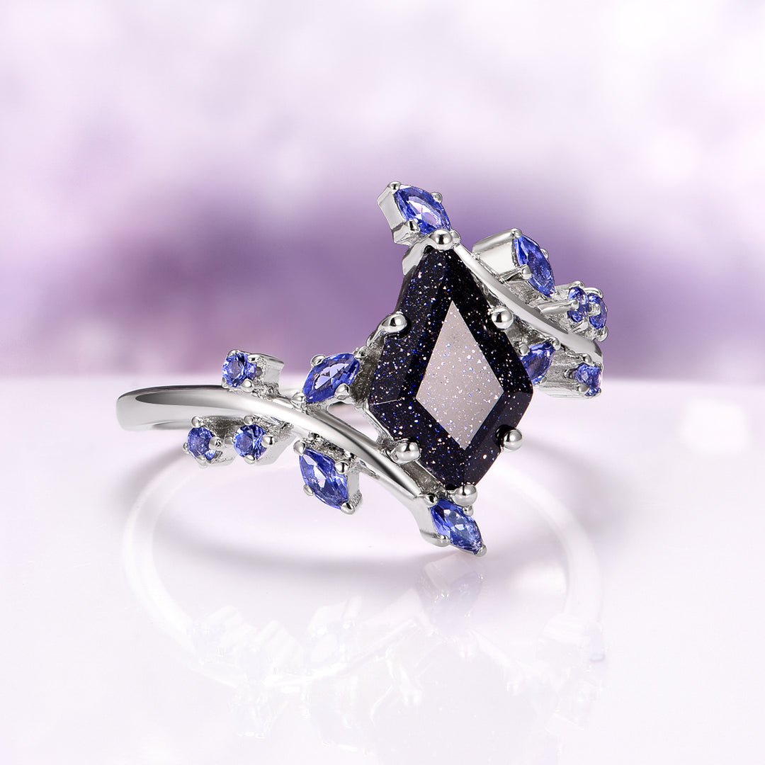 Starry Night and Sapphire Leaf Ring in Sterling Silver