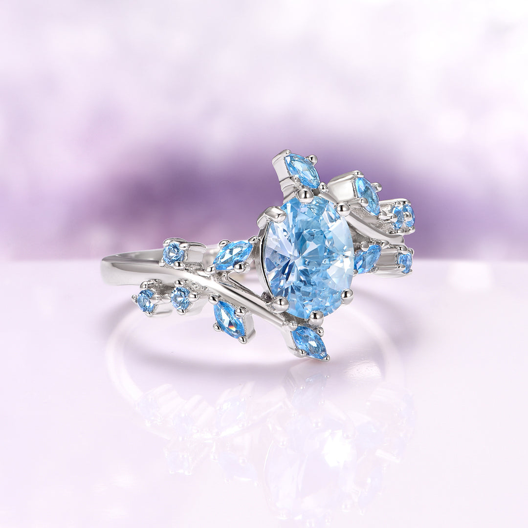 Aquamarine Fairy Leaf Engagement Ring in Sterling Silver