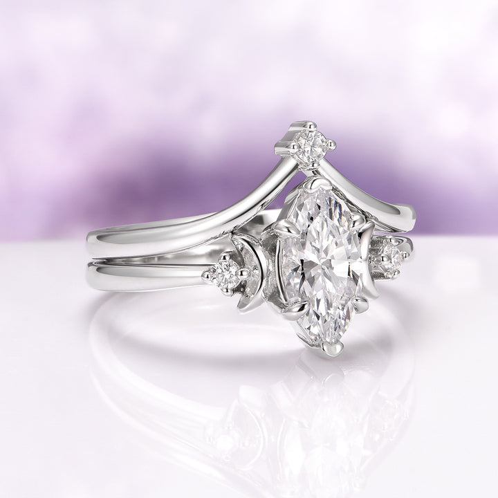 Moissanite Crescent Moon Ring Set in Sterling Silver