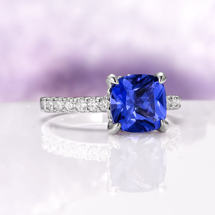 Cushion Cut Tanzanite Ring in Sterling Silver (Hidden Halo)