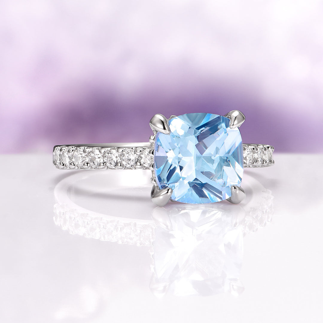 Cushion Cut Aquamarine Ring in Sterling Silver (Hidden Halo)