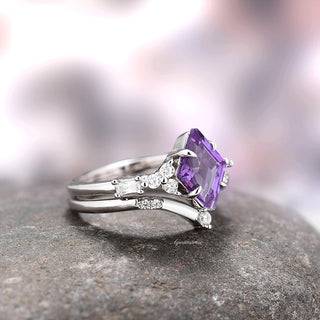 Kite Alexandrite Ring Set- Sterling Silver featuring a radiant purple kite-cut gemstone with sparkling diamond accents in a delicate sterling silver setting by Aquamarise.