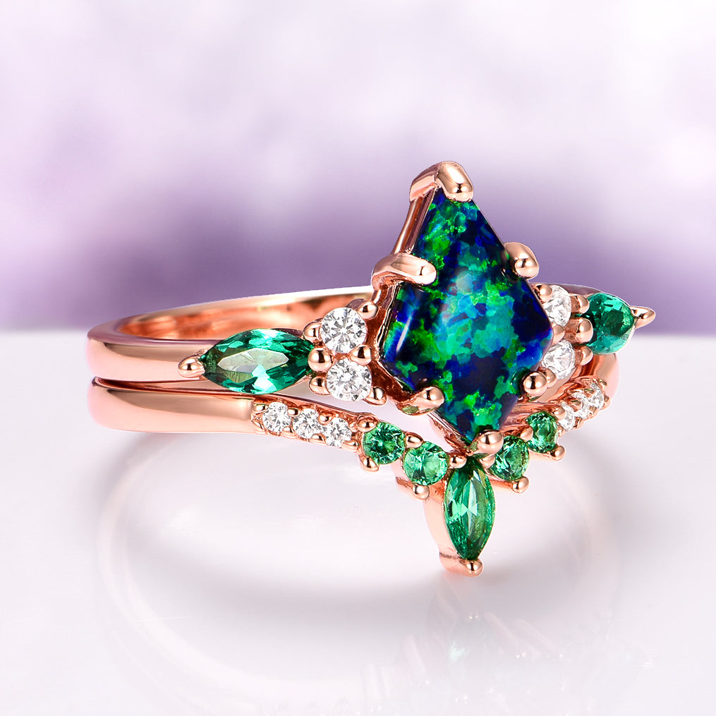 Skye Kite® Peacock Fire Opal & Emerald Engagement Ring Set in 14K Solid Rose Gold