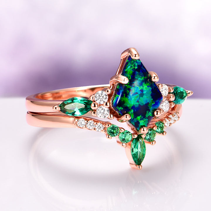 Skye Kite® Peacock Fire Opal & Emerald Engagement Ring Set in 14K Solid Rose Gold