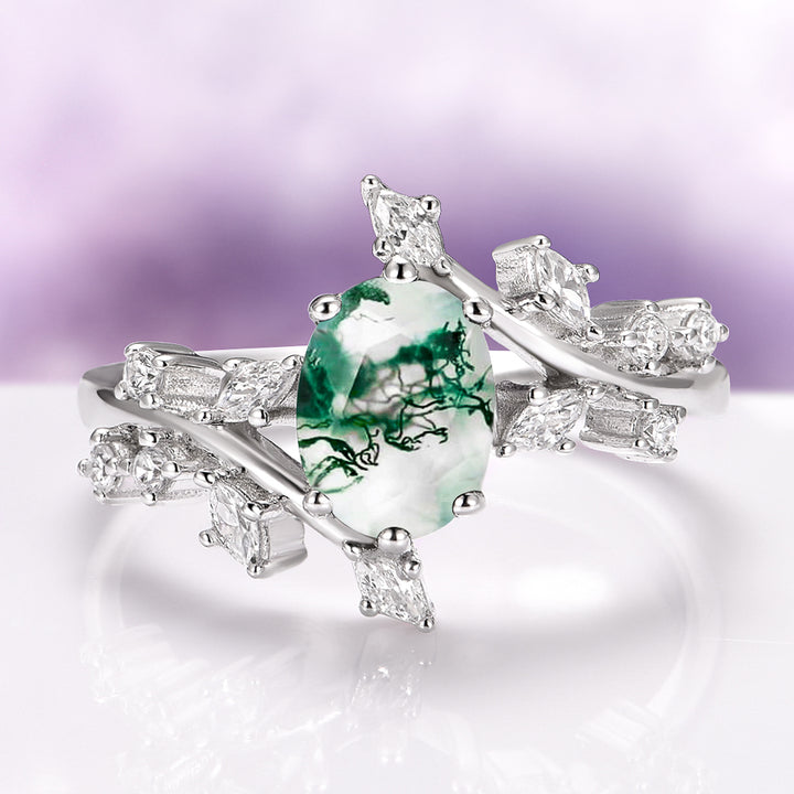 Moss Agate Leaf Couples Ring