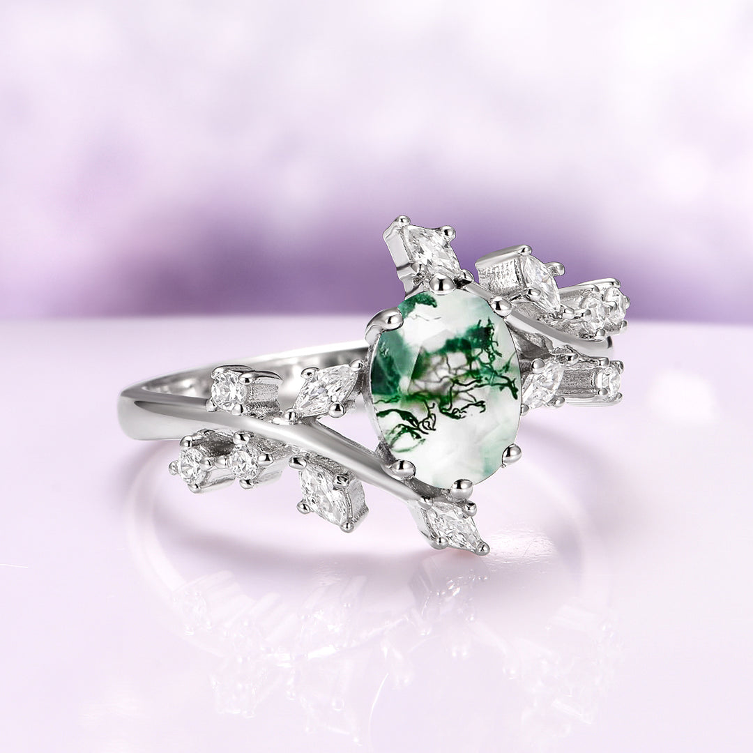 Moss Agate Leaf Couples Ring