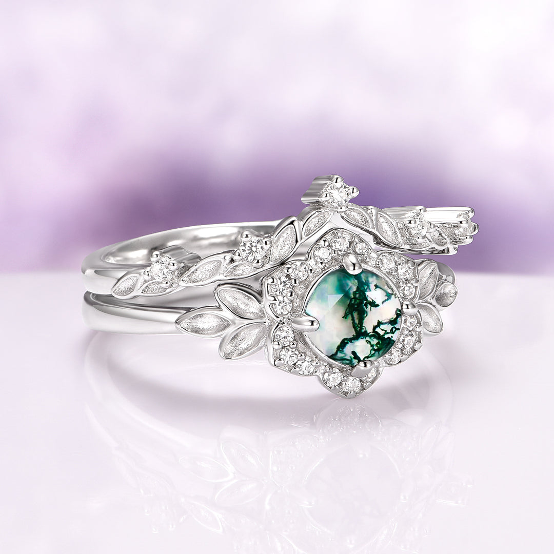 Moss Agate Fairy Leaf Ring Set in Sterling Silver