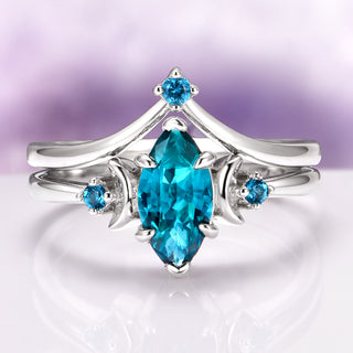 Borealis Forest & Teal Sapphire Couples Ring Set- Northern Lights & Trees