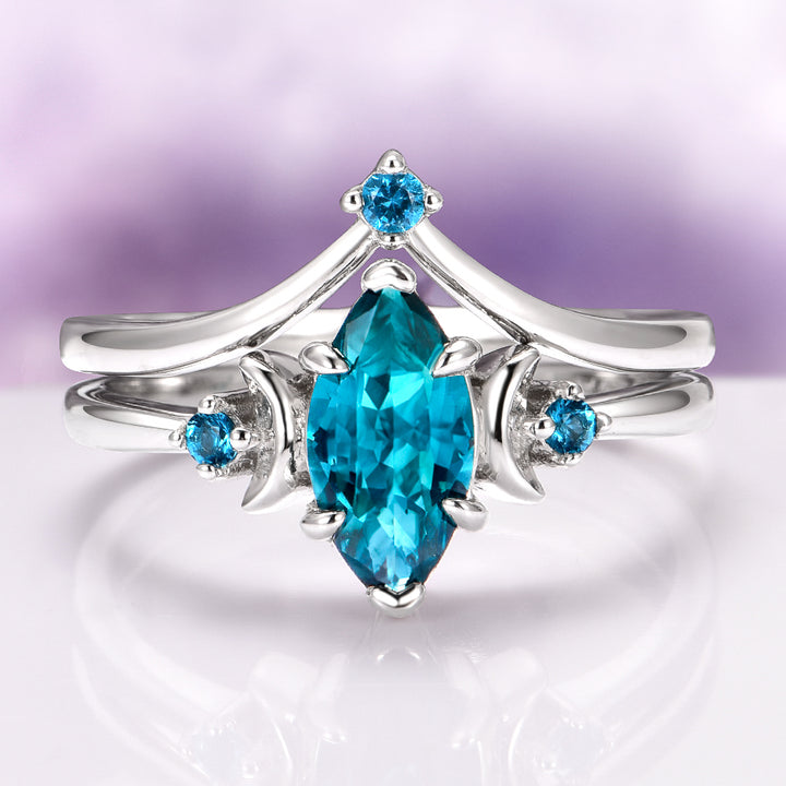Borealis Forest & Teal Sapphire Couples Ring Set- Northern Lights & Trees